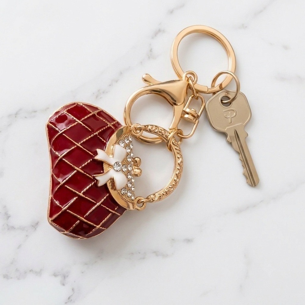 Red Enamel Rhinestone Handbag Keychain Gold Tone Crystal Bow Bag Charm Accessory